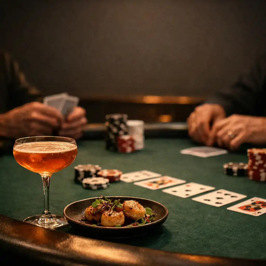 Cocktail and plated dish beside cards and chips at an emerald felt lounge table