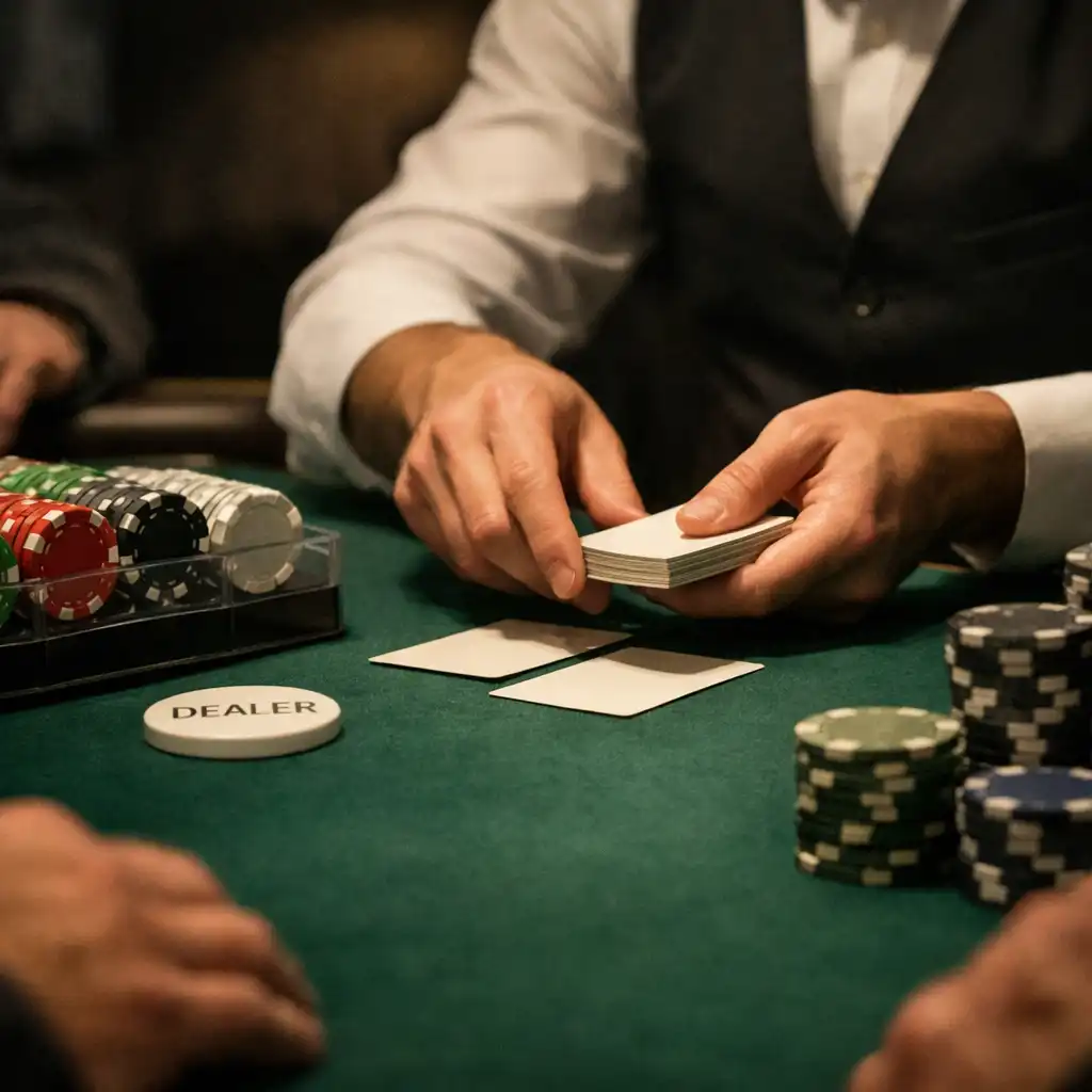 Dealer hands dealing cards beside weighted chips on emerald poker felt