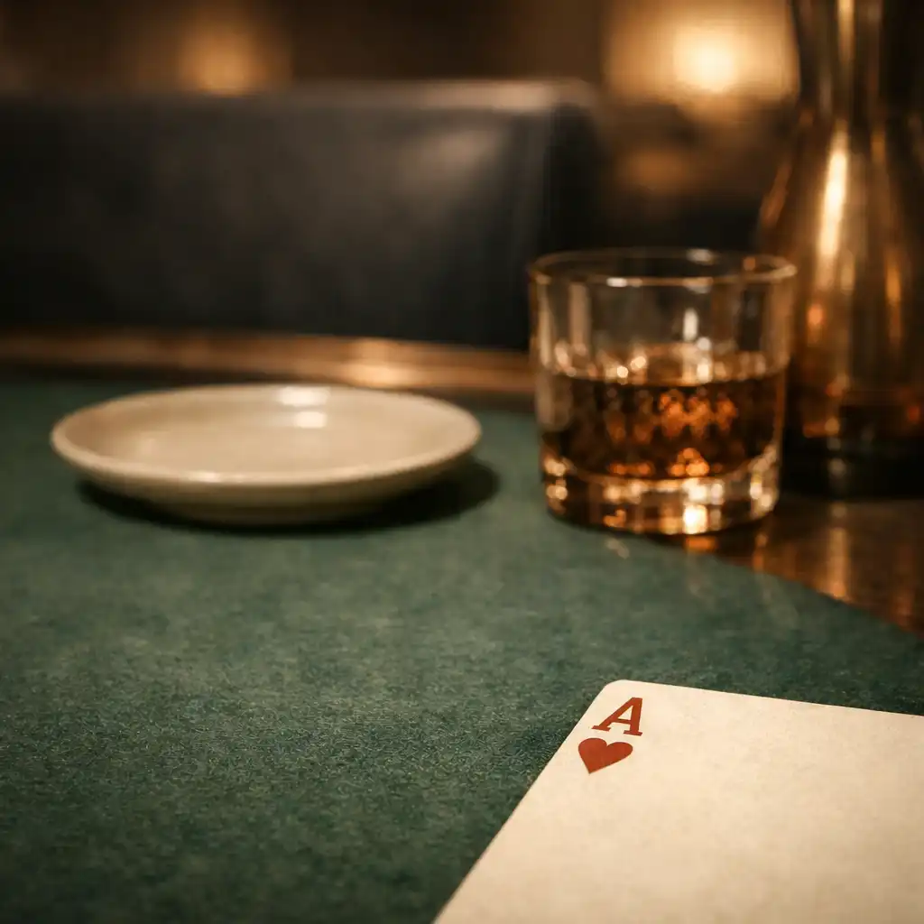 Dining detail beside emerald felt with subtle poker chips in the background