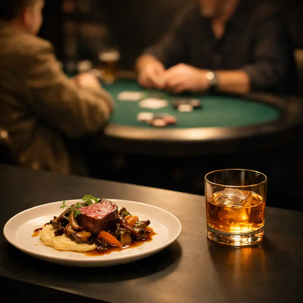 Refined dining setting beside a softly blurred emerald card lounge