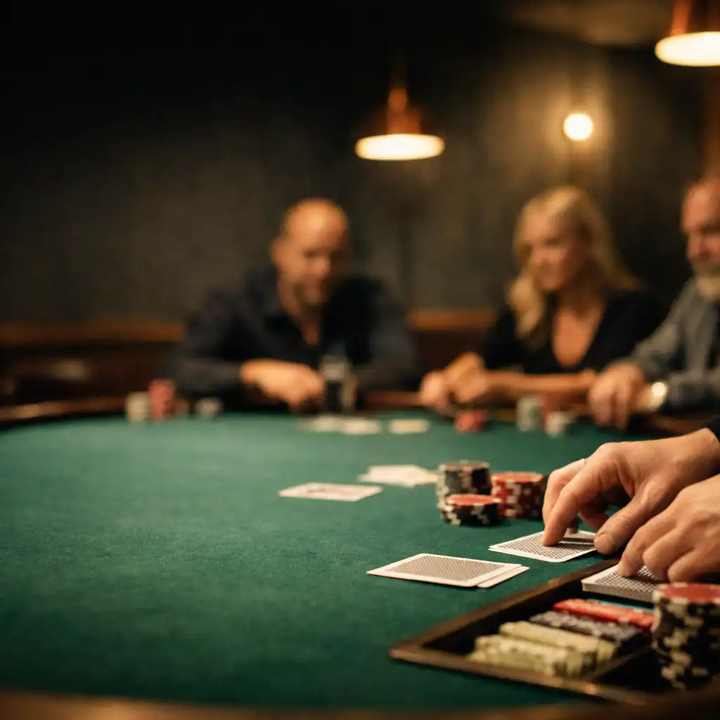 Hands arranging cards and poker chips on emerald felt in the Card Lounge