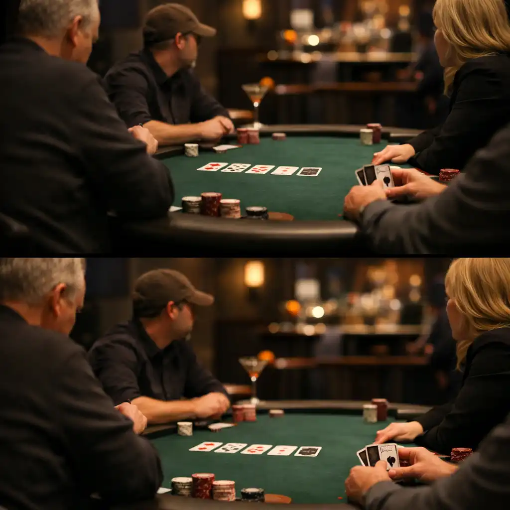 Focused adult players around an emerald felt poker table in a refined card lounge.