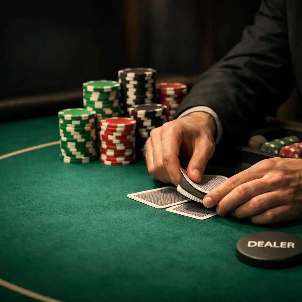 Adult hands dealing playing cards on emerald felt beside poker chips and a dealer tray.