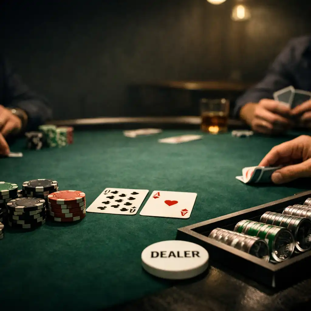 Real cards, poker chips and players’ hands around an emerald felt table in Card Shack Mackay’s poker room