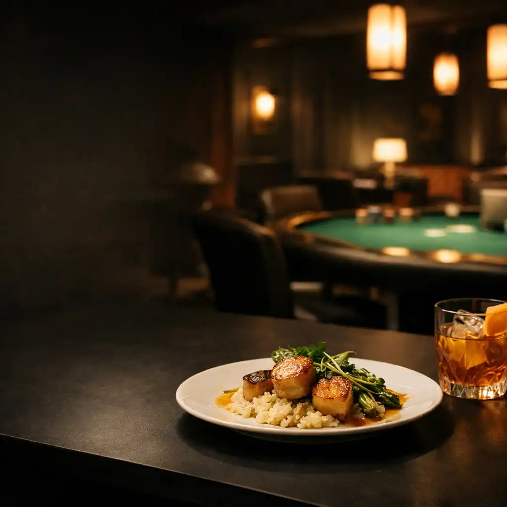A plated dish and amber-toned drink on a dark dining lounge table beside the poker room