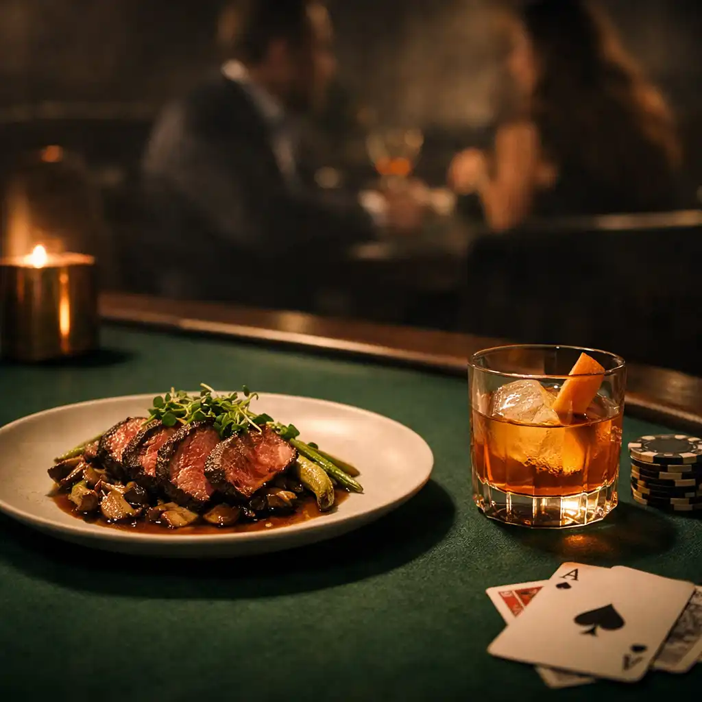 Dinner dish and cocktail beside poker chips and cards on emerald felt