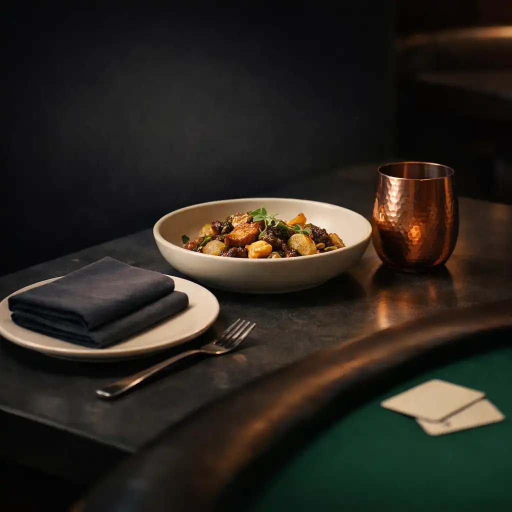 Matte ivory dining setting beside the blurred edge of emerald poker felt
