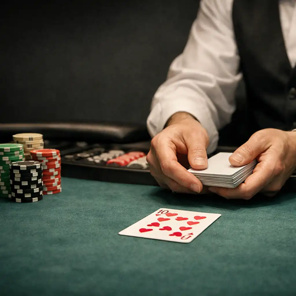 Dealer hands dealing real playing cards beside stacked chips on emerald felt