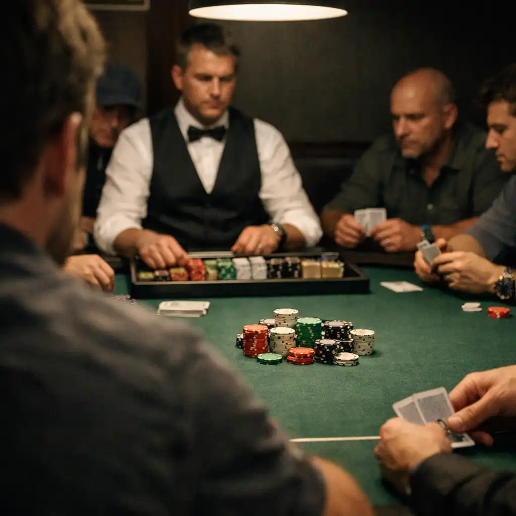 Focused adult players gathered around an emerald felt poker table