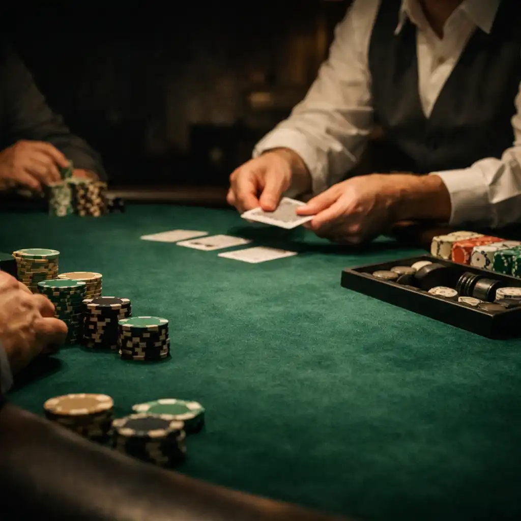Hands dealing real cards across an emerald felt poker table with chips and a dealer tray