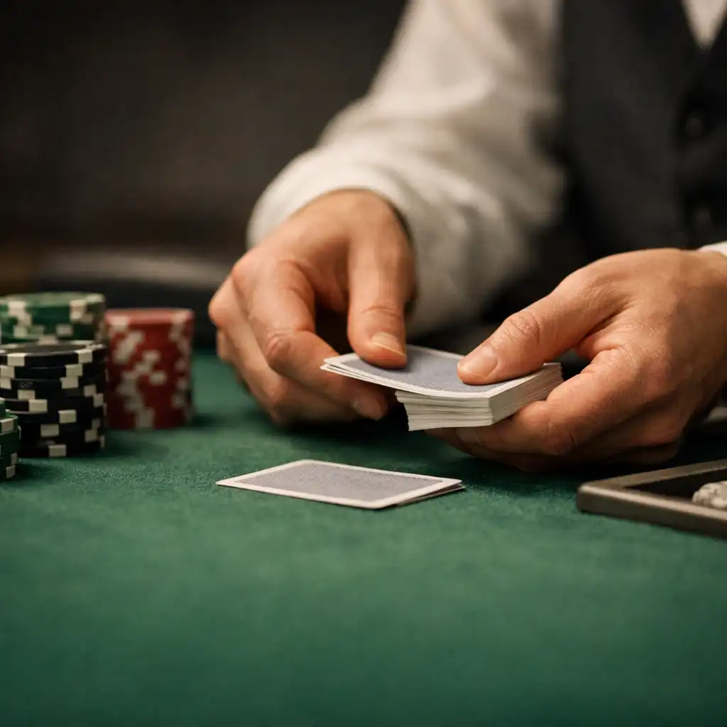 Hands dealing cards beside chip stacks on an emerald felt poker table