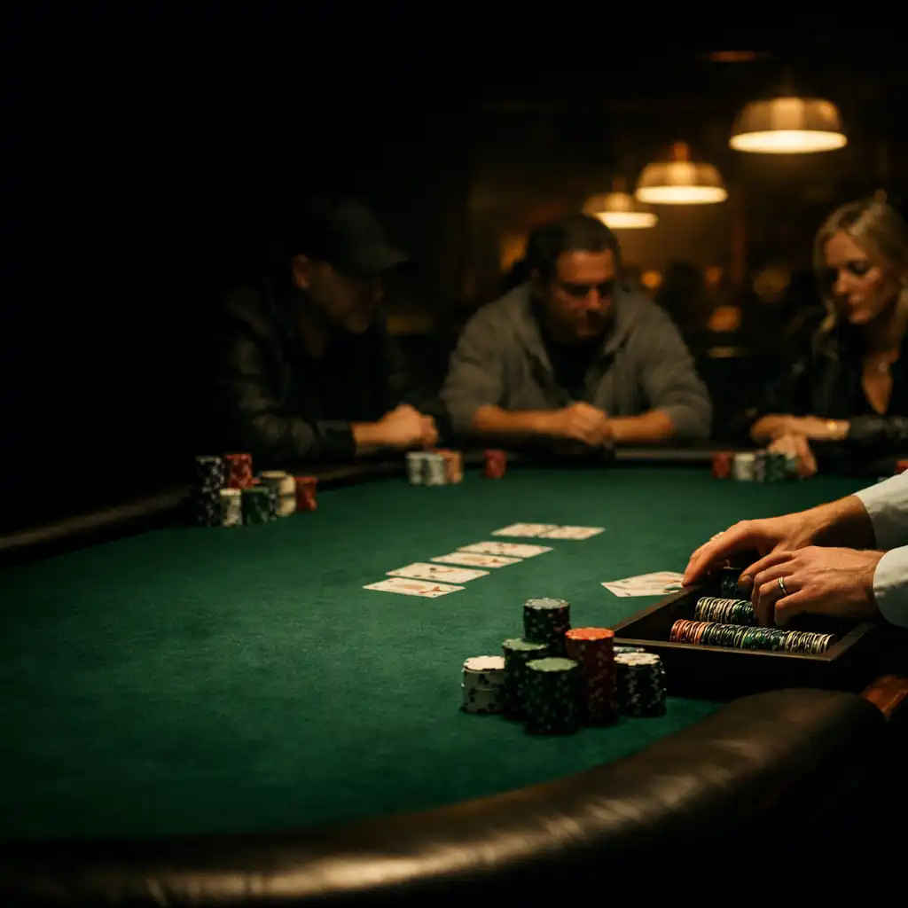 Focused adult players and a dealer’s hands around an emerald felt poker table