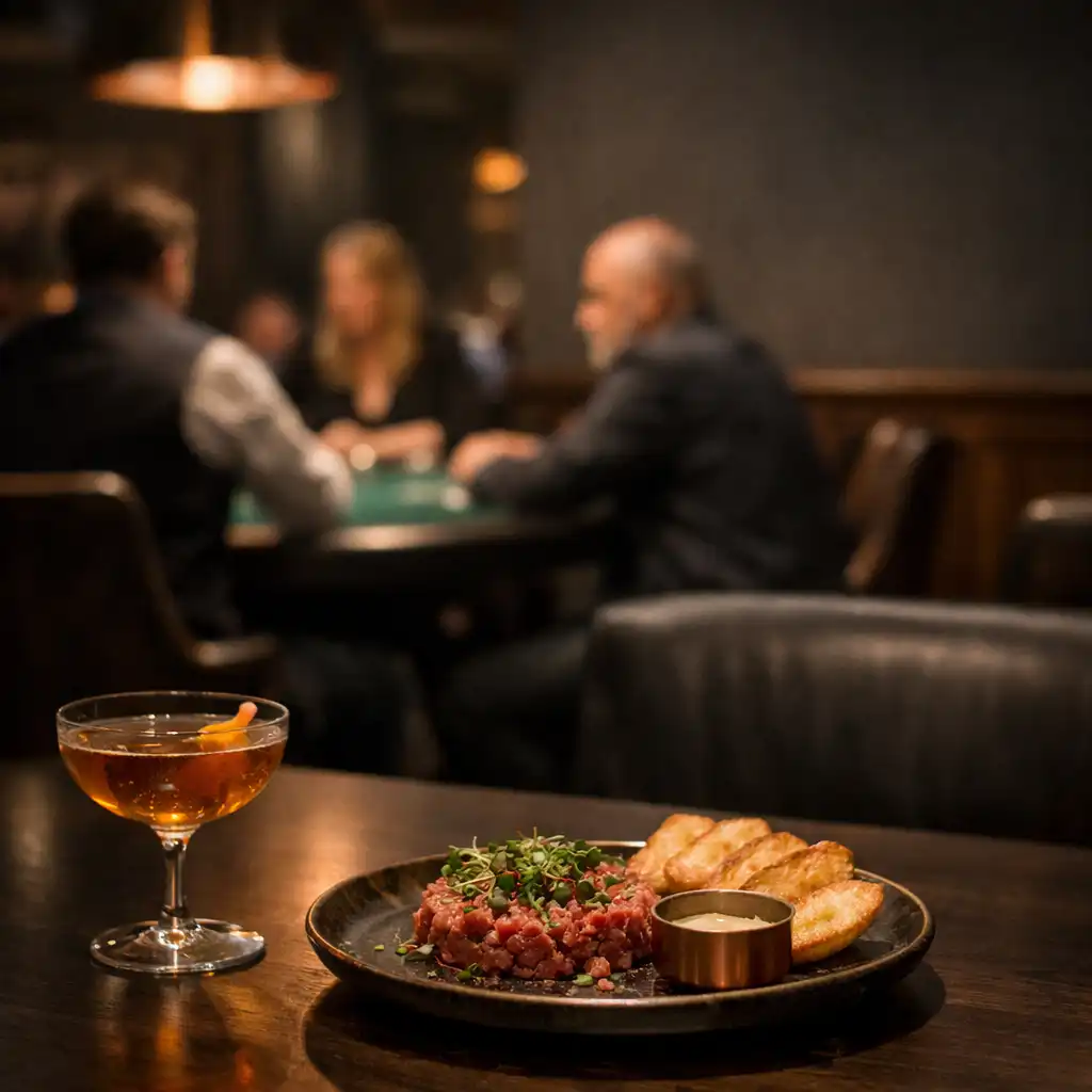 Dining table in a dark card lounge with an emerald felt poker table visible in the background