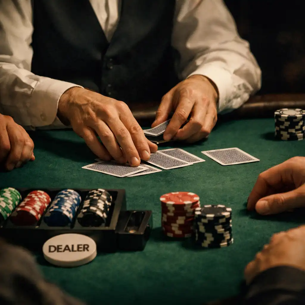 Poker dealer arranging cards beside chip stacks on emerald felt
