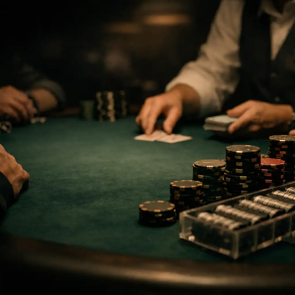 Dealer hands, poker chips and playing cards on an emerald felt poker table