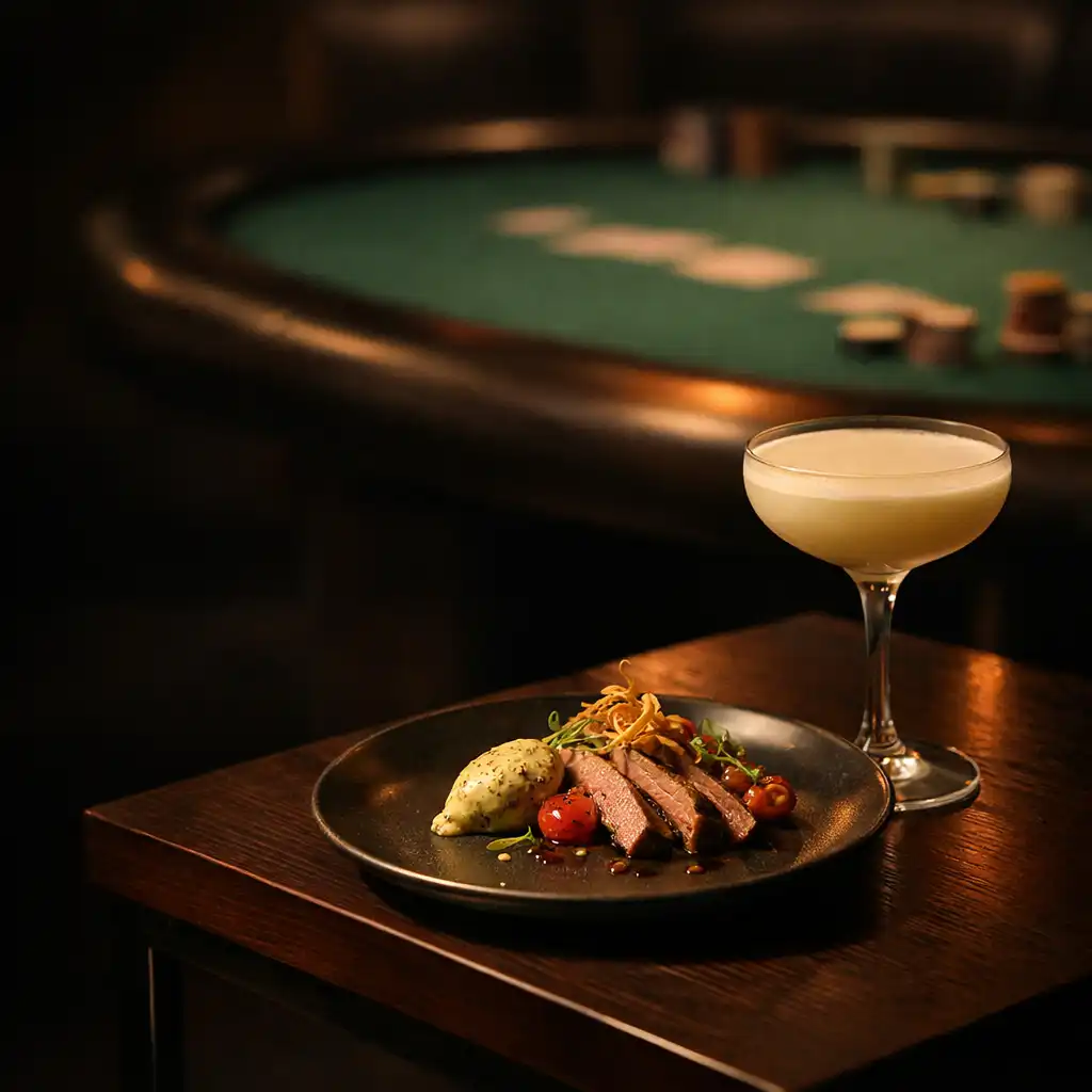 Cocktail and plated dish beside a softly blurred emerald felt poker table