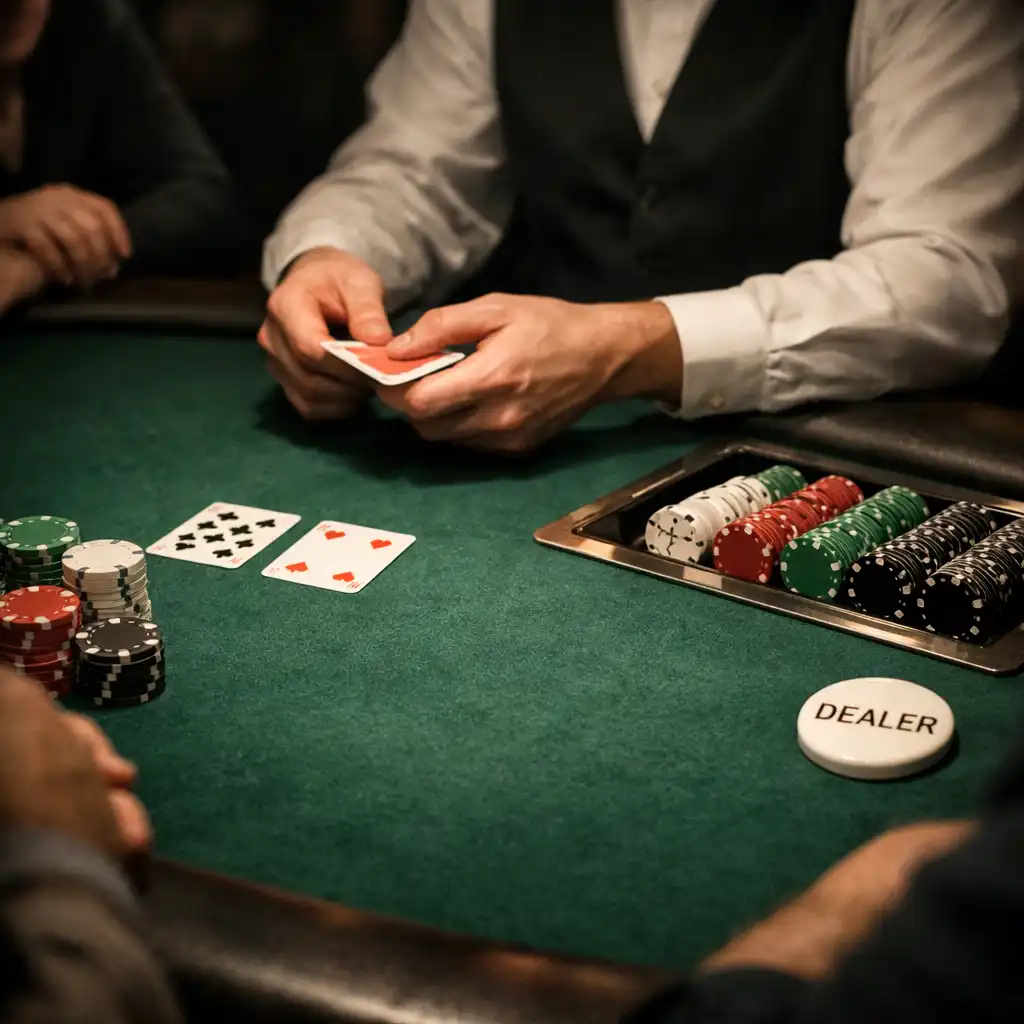 Dealer handling real cards beside organised chips and a dealer tray on professional emerald felt