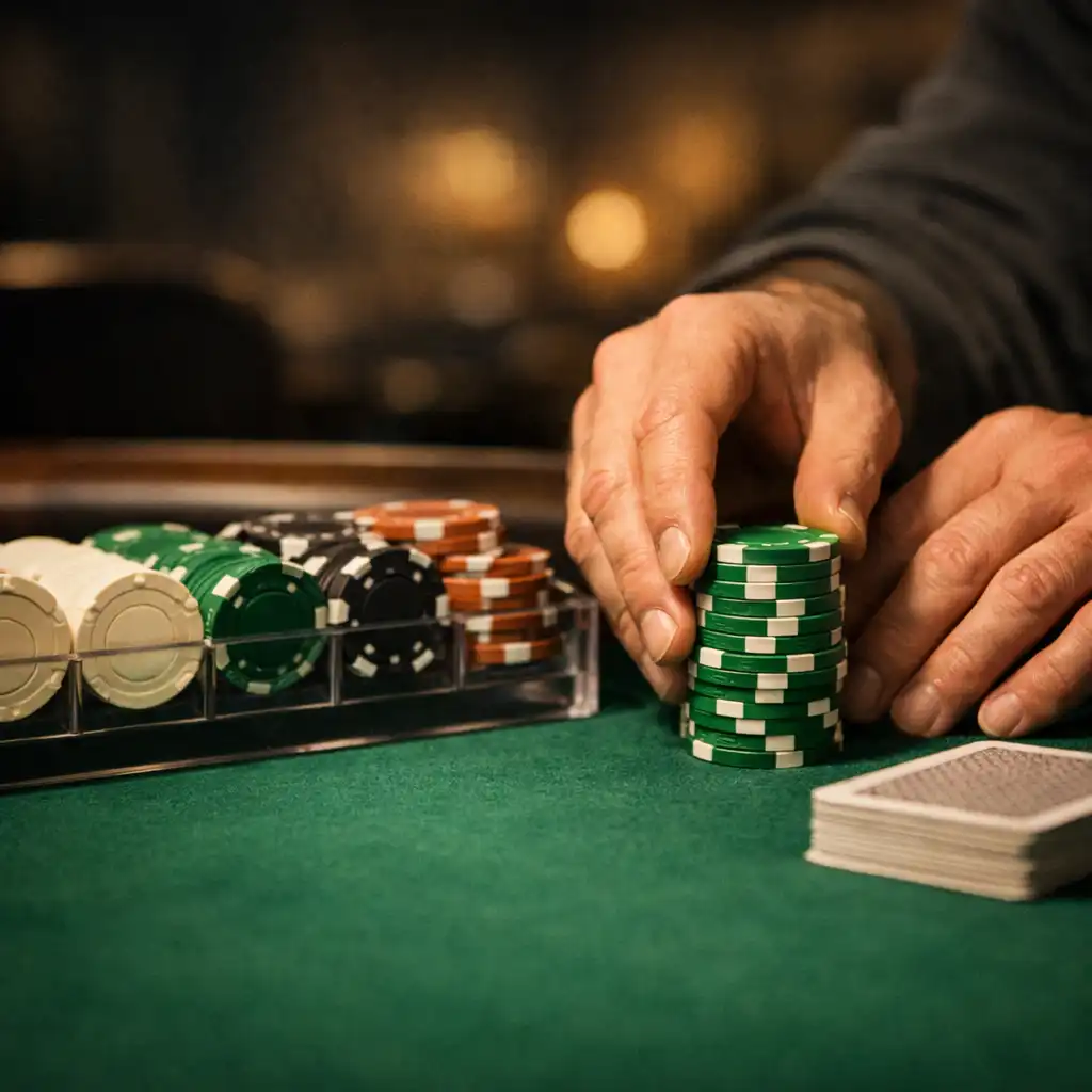 Adult hands arranging poker chips beside cards and a dealer tray on emerald felt