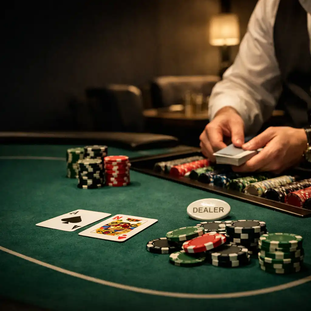 Emerald felt poker table with chips, card edges, dealer tray and players' hands